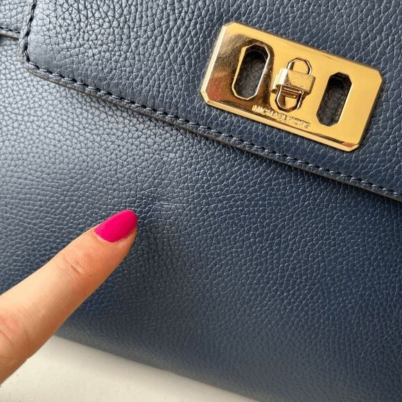 Michael Kors Navy Leather Satchel Crossbody Bag Gold Hardware Top Handle - Picture 7 of 15